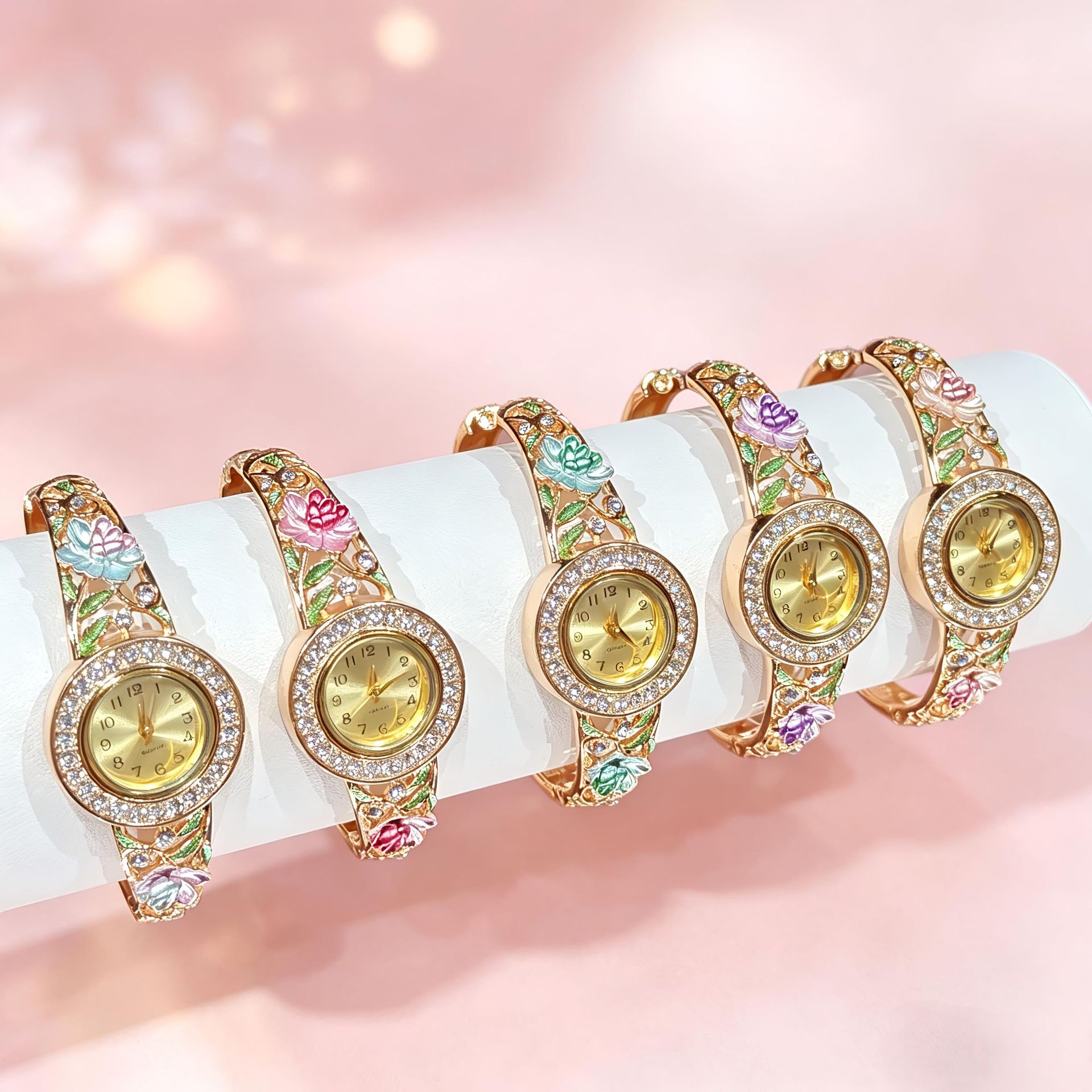 Vintage Jewelry Watches Women - Vintage Gold-Emaille-Blumen-Armbanduhr für Damen, Hohle Strass-Armbanduhr,