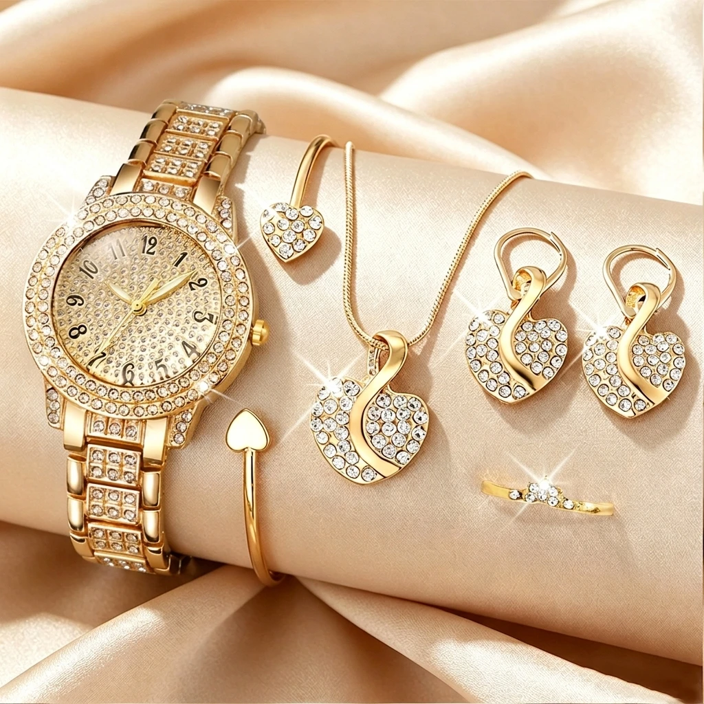 Mystery Jewelry Jar Watches - 6-teiliges Modisches Strass-Uhrenset für Damen Herz-Schmuckset
