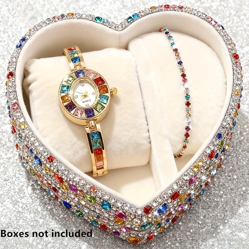 Mystery Jewelry Jar Watches - 2-teiliges elegantes, farbenfrohes Strass-Quarzuhr-Armband-Set für Damen,