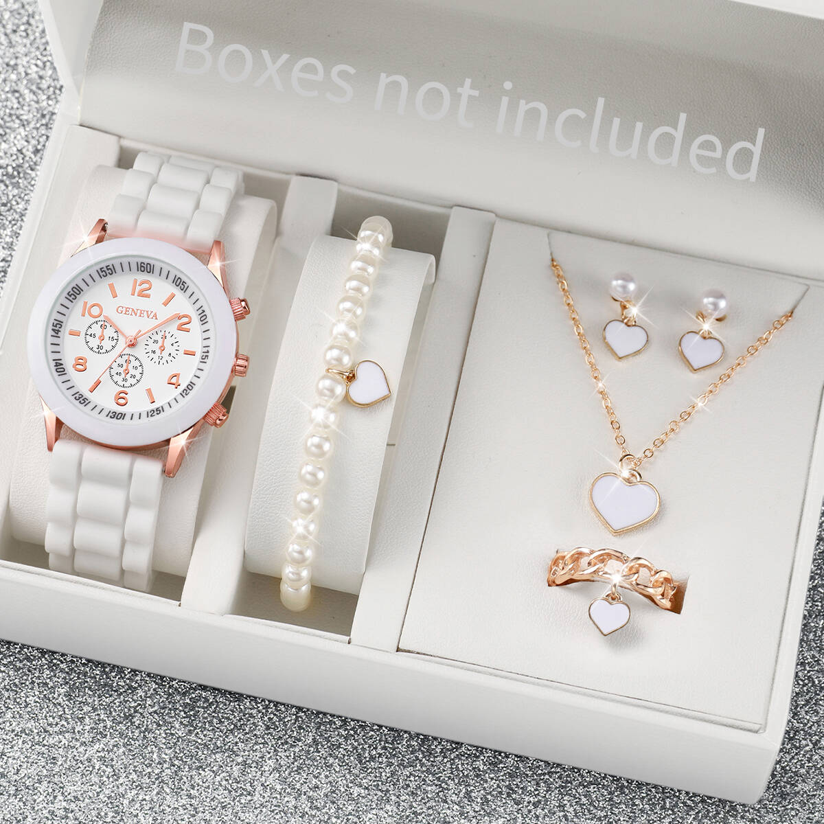 Mystery Jewelry Jar Watches - 5/6-teiliges modisches Damen-Uhren-Schmuckset, lässiges Silikonarmband, Damen-Quarzuhr,